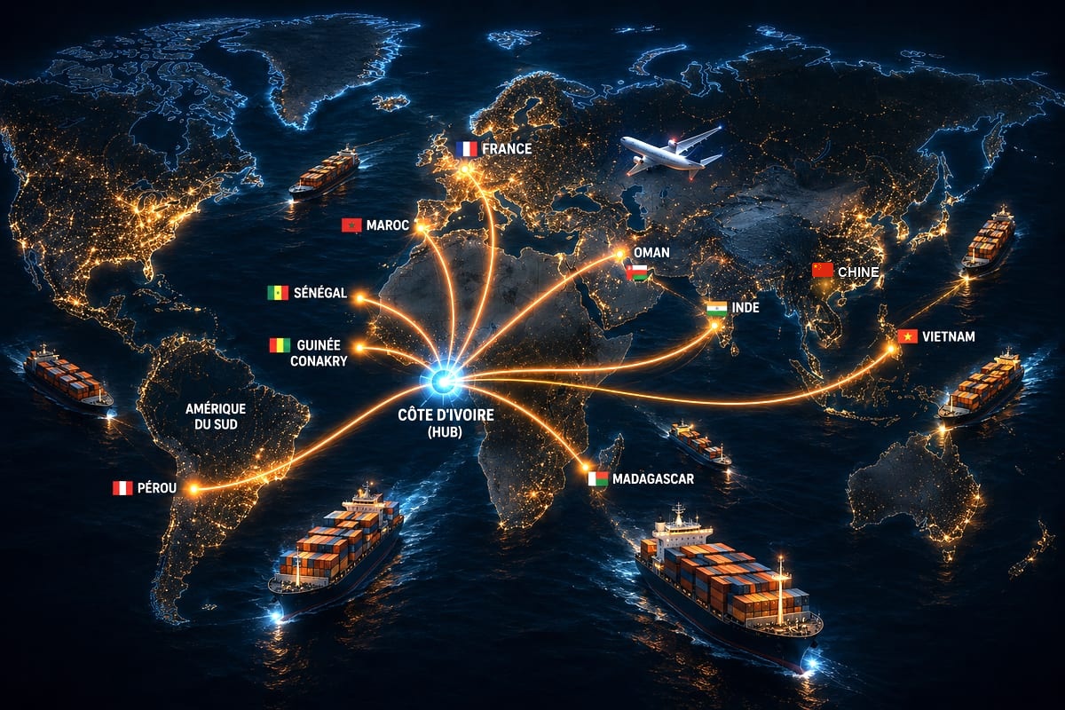 Carte du monde montrant les pays d'approvisionnement de MAD TRADING : Sénégal, Inde, France, Côte d'Ivoire, Pérou, Oman, Maroc, Vietnam, Madagascar, Chine et Guinée